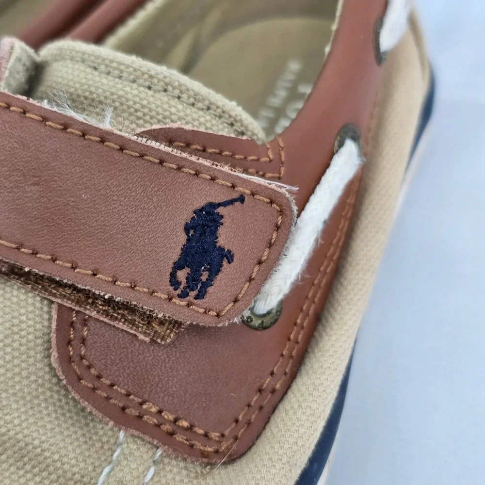 Polo Ralph Lauren Lander‎ EZ Toddler Boat Shoes Tan Canvas Brown Leather Size 9